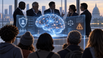 Dirigenti e cittadini osservano un cervello digitale con simboli di sicurezza, controllo e regolazione dell’intelligenza artificiale