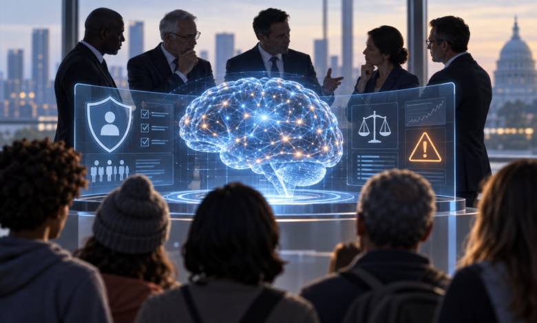 Dirigenti e cittadini osservano un cervello digitale con simboli di sicurezza, controllo e regolazione dell’intelligenza artificiale
