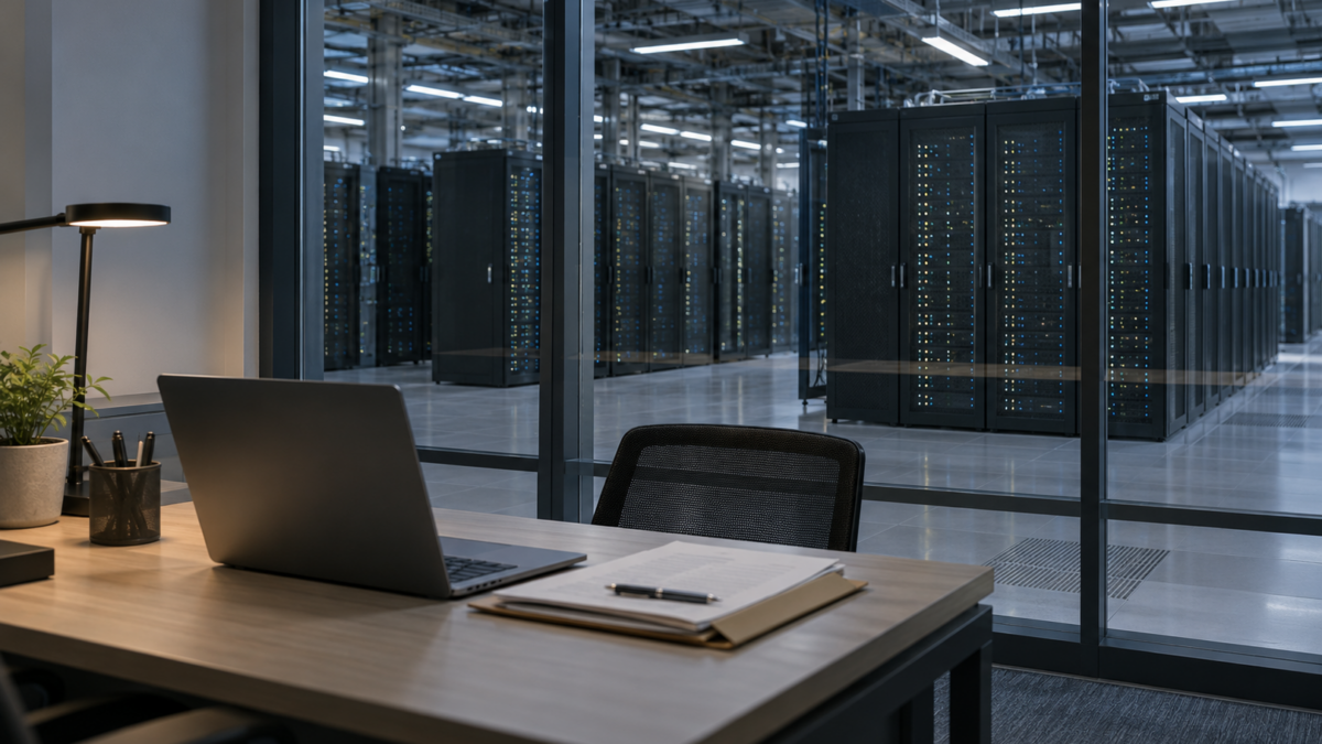 Computer e documenti su una scrivania davanti a un data center, immagine simbolica del controllo dei dati nell'intelligenza artificiale.