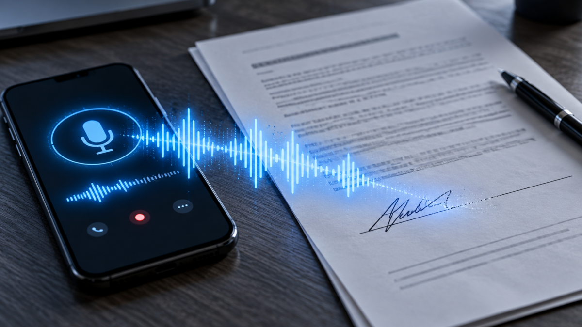 Smartphone con onda sonora digitale che attraversa un contratto, simbolo dei rischi di manipolazione vocale e attivazioni non richieste.
